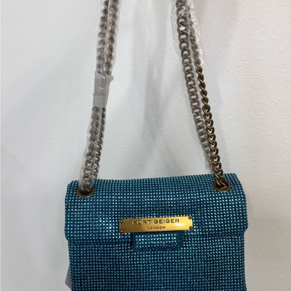 New 🆕 Kurt Geiger Turquoise Crystal Chain Shoulder Bag with Gold Hardware - Picture 7 of 10